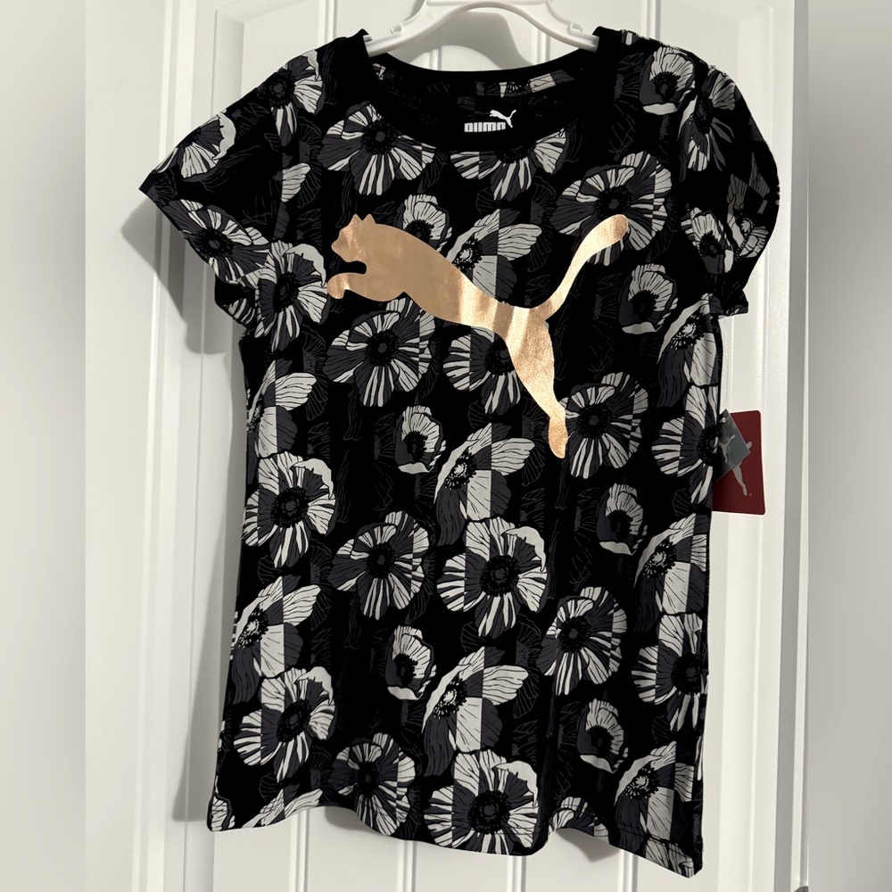 Cool Puma girls size M 8 10 black floral short sleeve logo shirt NWT